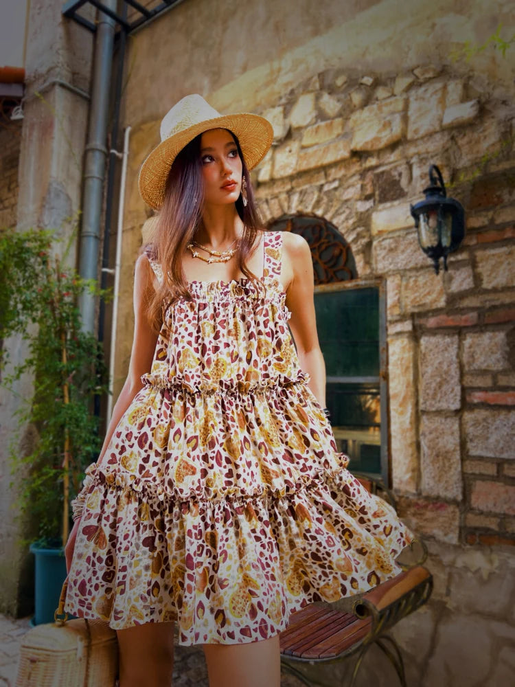 Summer Print Spaghetti Strap Dress Women's Dress Backless Long Camisole Dress Knee-Length Skirt Y2K 2025 New DABUWAWA DM2BDR002