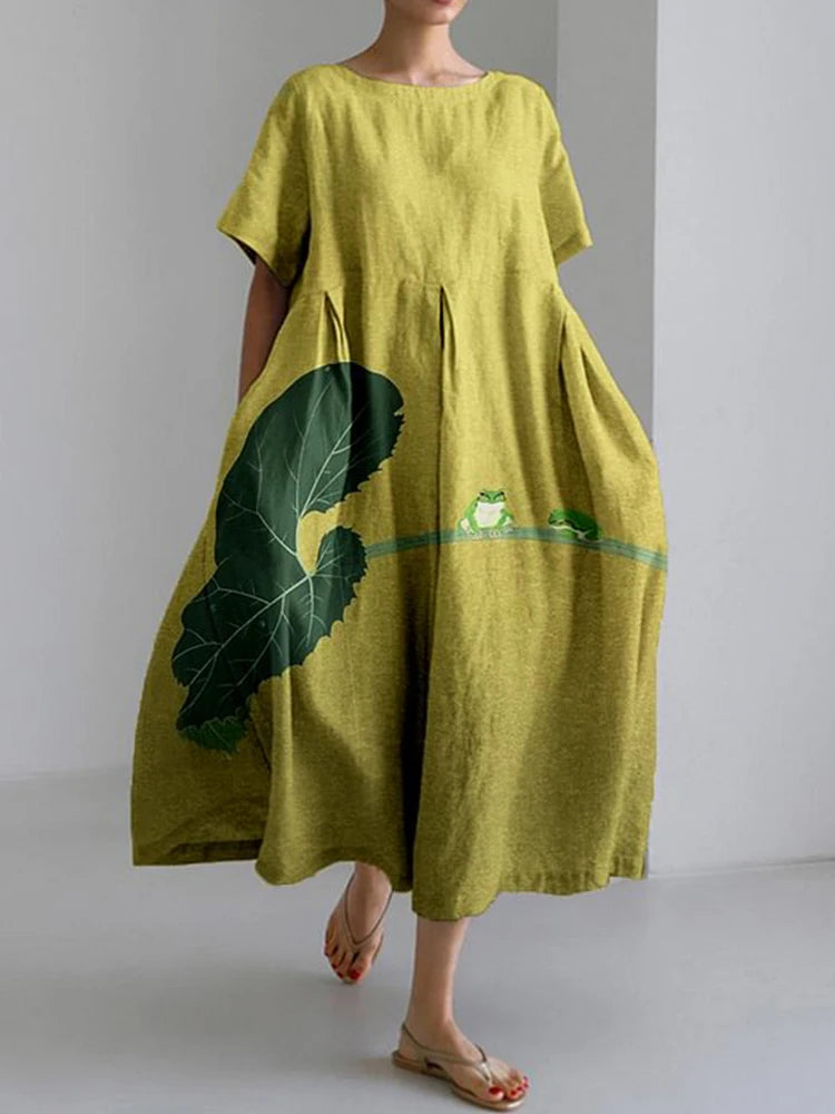 2024 Women's New Round Neck Long Casual Summer Dress Large Size Fresh Print