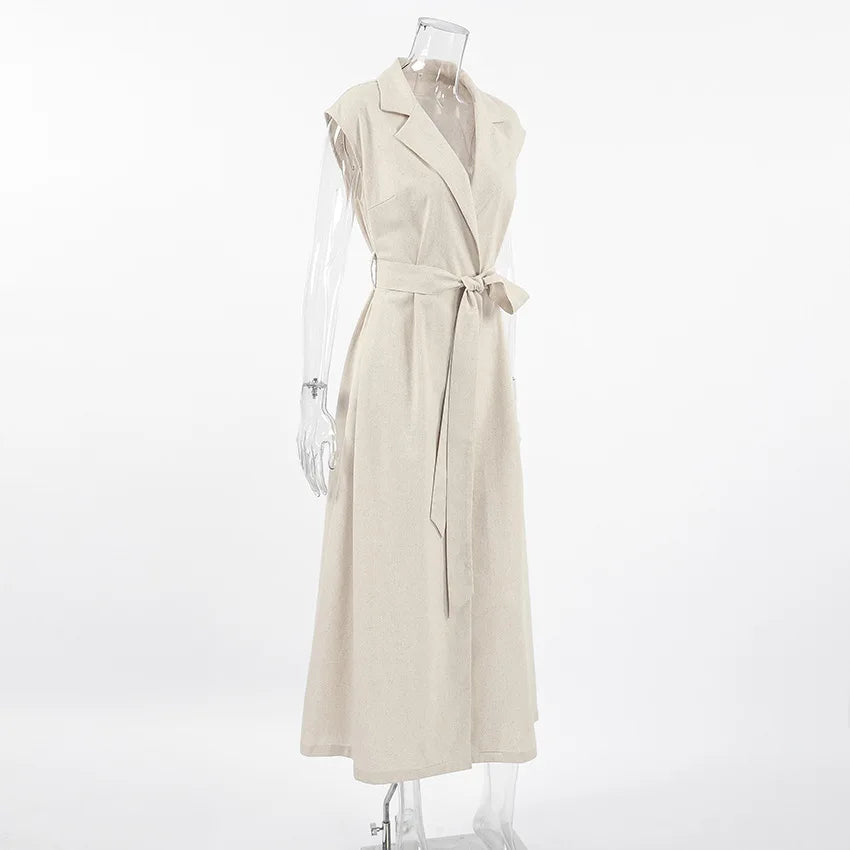 2025 Autumn New Style Commuter Long Skirt For Women Elegant Fashionable Solid Color Lapel Sleeveless High Waist Lace-up Dress