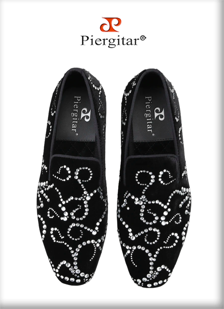 Piergitar Black Velvet And Octodandelion Strass Loafers Luxury Brand Same Design Red Bottom Handmade Crystals Men's Moccasins