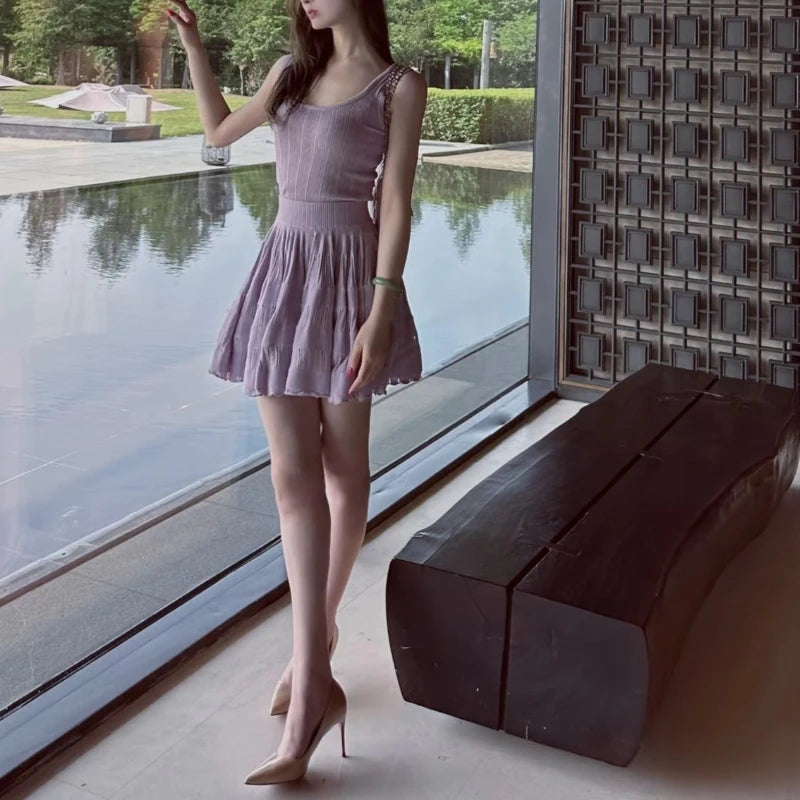 2025 Summer New in Pink Sleeveless Ribbed Knit Bodycon Mini Dress Versatile Work & Casual Outfit