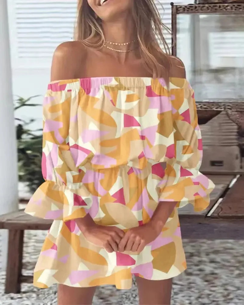 Sexy Slash Neck Long Flare Sleeve Floral Print Mini Dress Summer Women Boho Party Vestidos NMD-6650