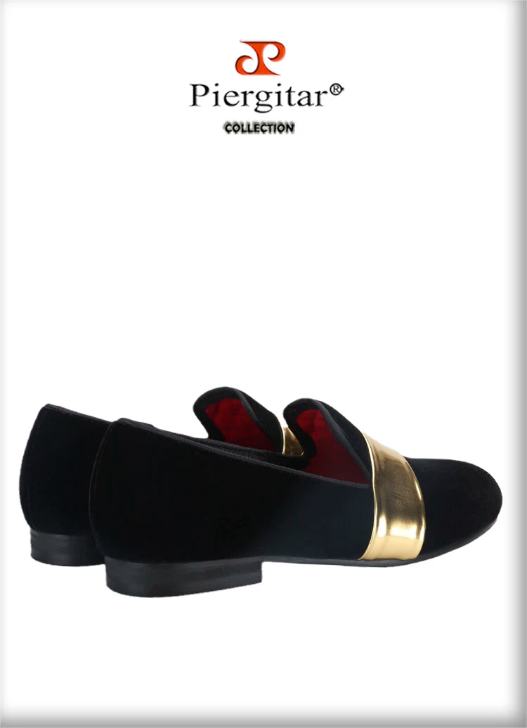 Piergitar New Style Handmade Men Velvet Loafers With Gold Patent Leather Crossbands Fashion Party And Wedding Male Dress Shoes