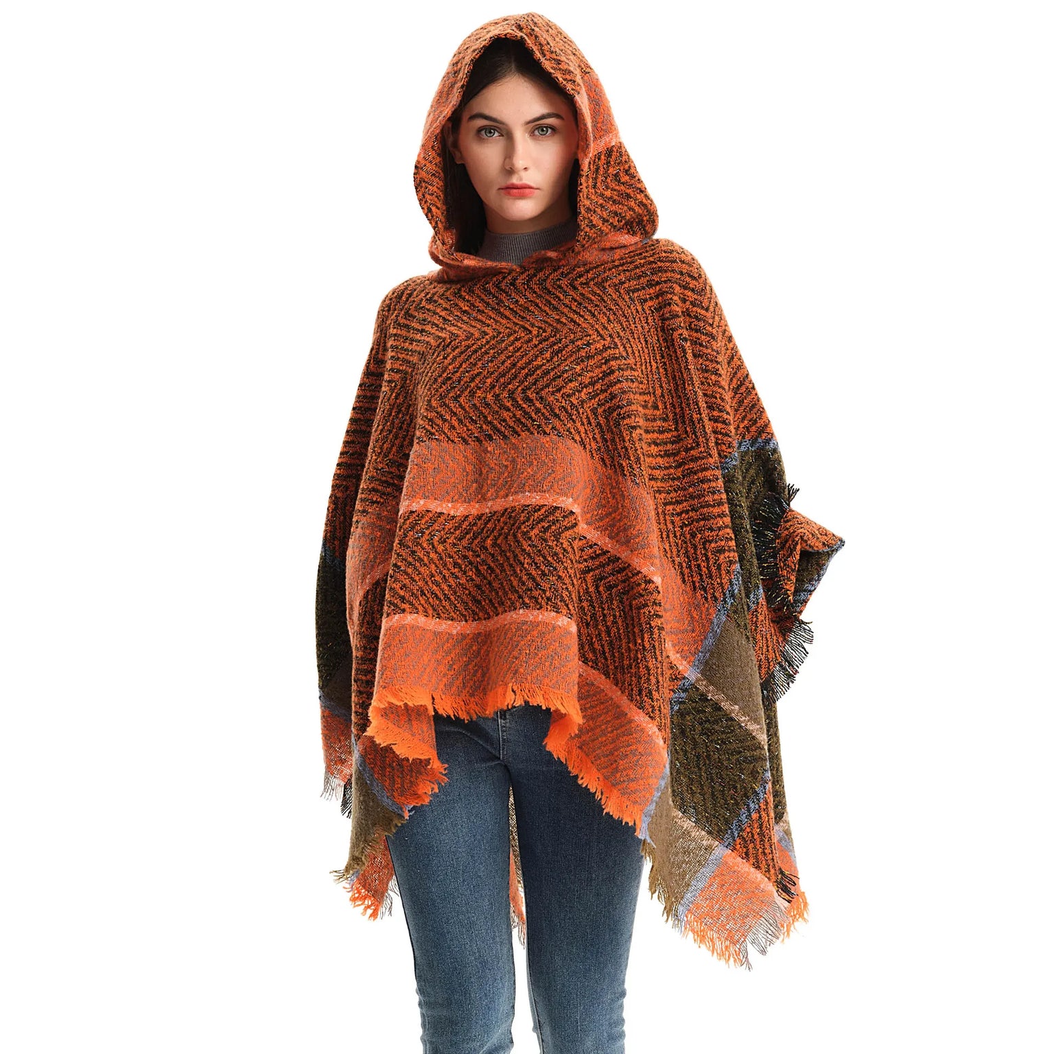 New Autumn Winter Fishbone Pattern Women's Hooded Cape Pullover Cape Women Poncho Lady Capes Black Cloaks