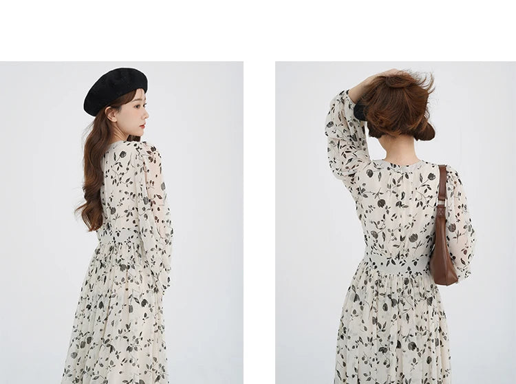 Floral Midi Dress Women Sweet A-Line Long Sleeve Hollow Out Dress Elegant High Waist Casual Long Dress Daily or Vacation Outfits