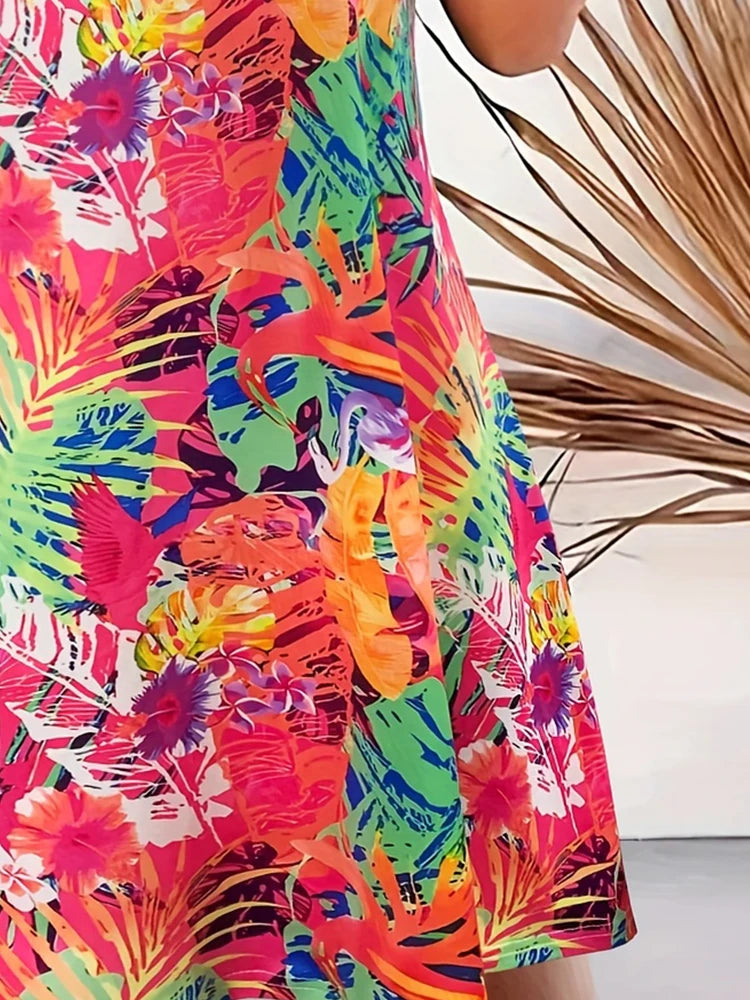Tropical Printed Women's V-Neck Mini Dress For Summer,Sexy Vacation Beach Dress, Flowy Summer Party Dress for Women