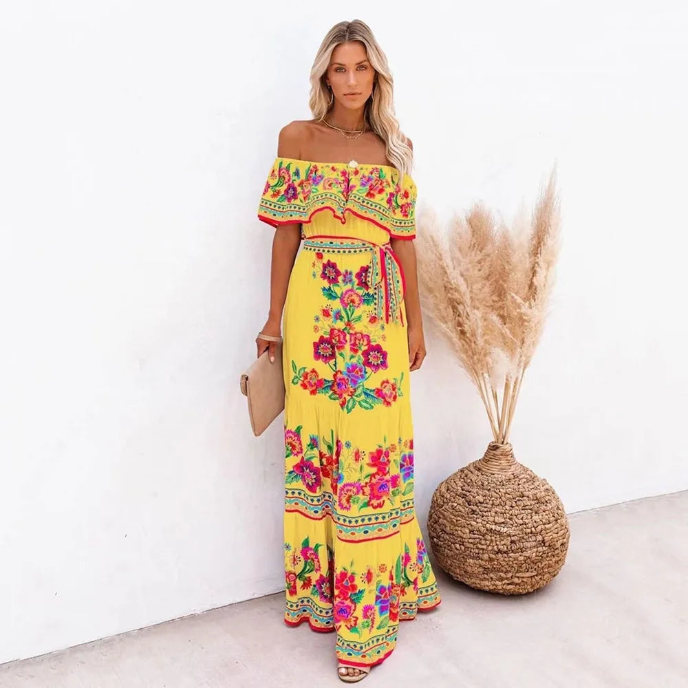 2024 Spring/Summer New Women Retro Fashion One Shoulder Red Flower Printed Waist Collection Long Style Large Swing Casual Dress