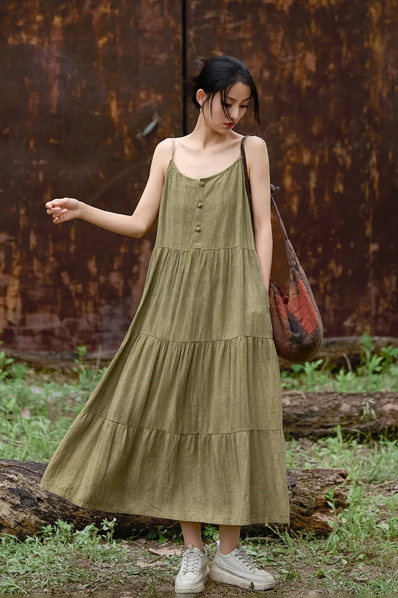 Cotton Linen Long Spaghetti Strap Dress