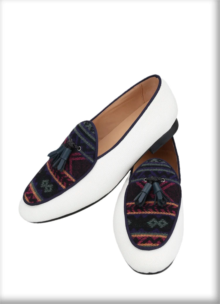 Men's Loafers in Classic Handmade Leather Tassels, Ivory Color Canvas Mix Ethnic Style Cotton