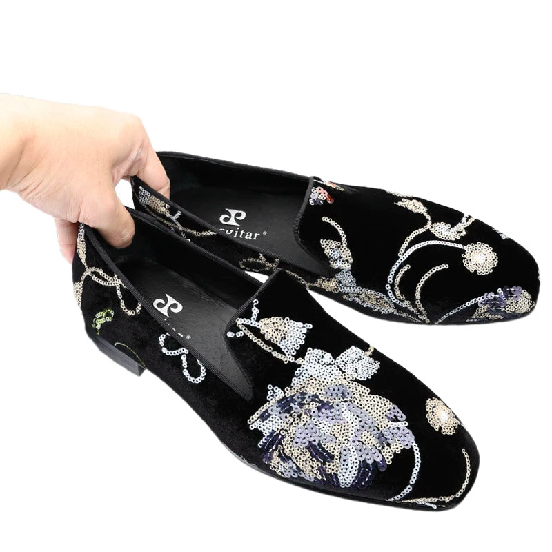 Piergitar Black And Grass Green Velvet With Handmade Classical Chinese Style Sequin Embroidery Men's Loafers Red Sole Moccasins
