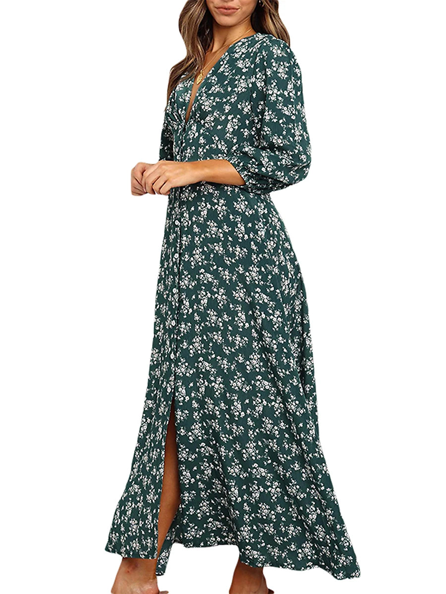 Women's Summer Bohemian Floral Print Long Maxi Dress Retro 3/4 Sleeve V-Neck Button Down High Waist Sundress Streetwear