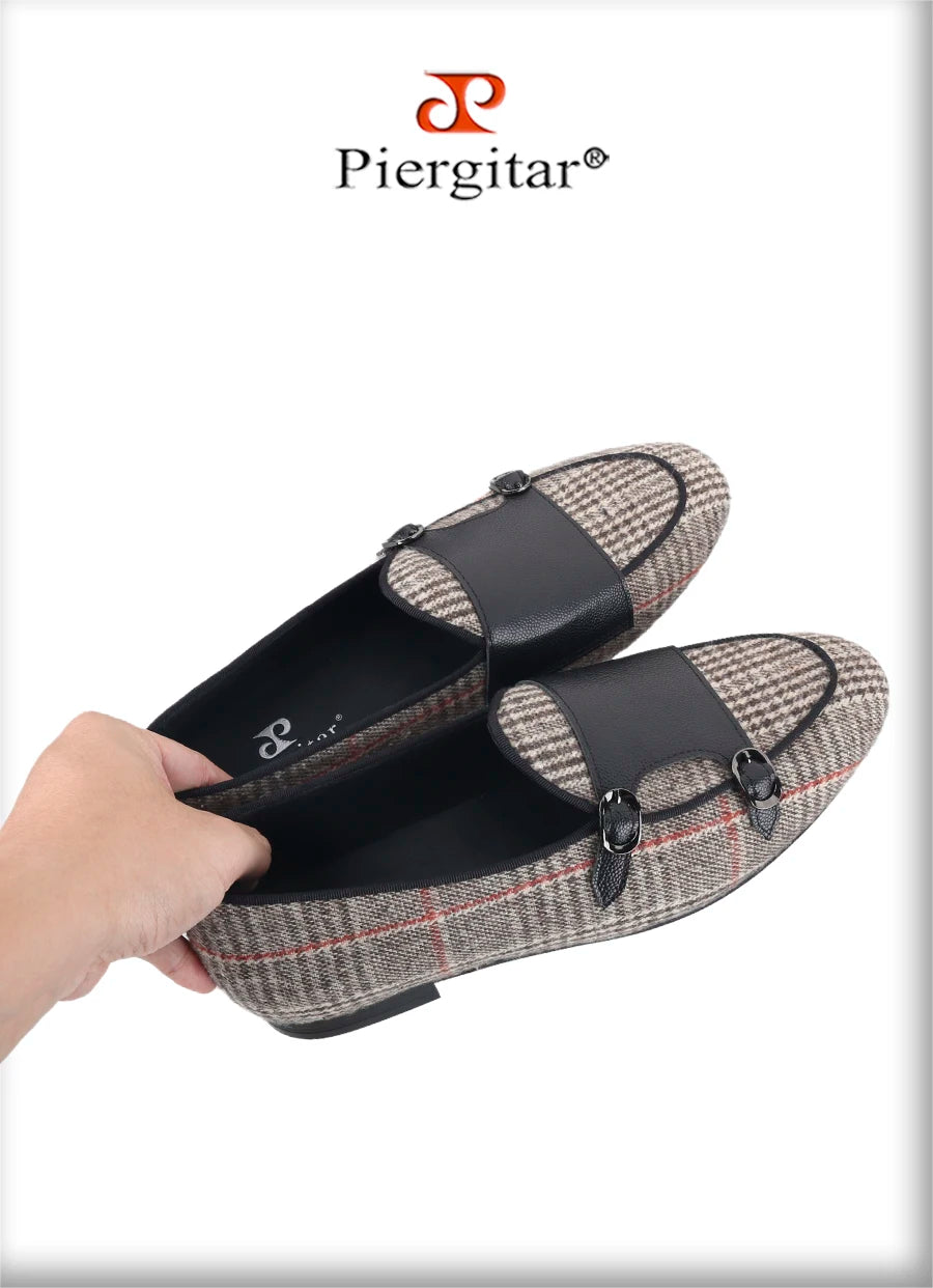 Piergitar 2024 Summer Style Plaid Cotton Men's Loafers Handmade Stitching Metal Buckle Monk Slippers Breathable Leather Insole