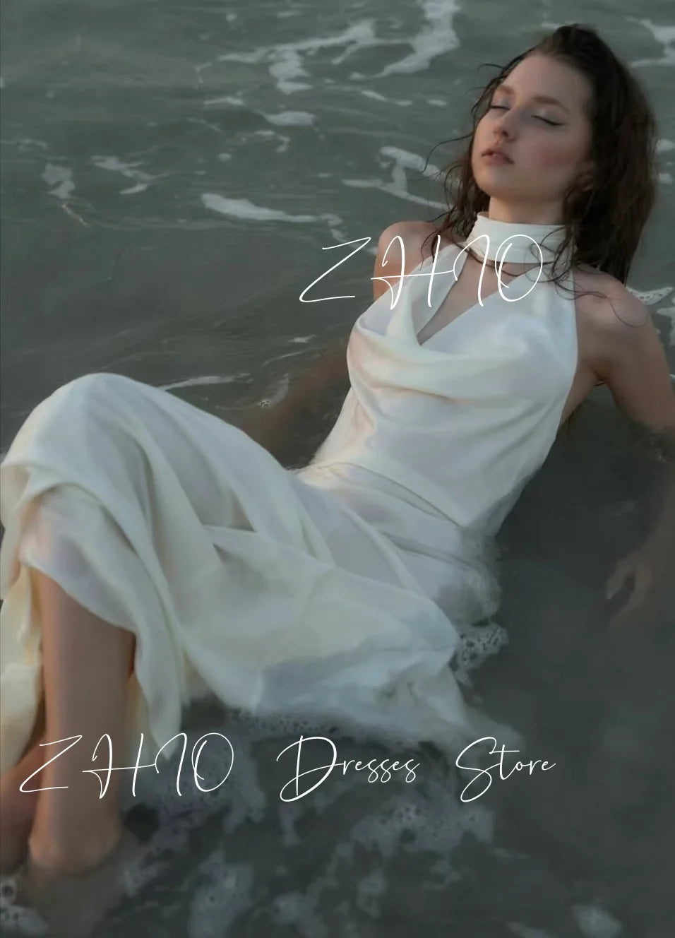 Backless Pearl Halter Ivory Satin Dress