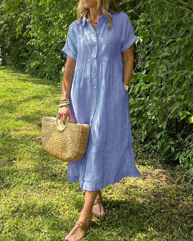 Plus size women's summer casual fashion striped loose short-sleeved shirt and plus size dress plus size women's clothing