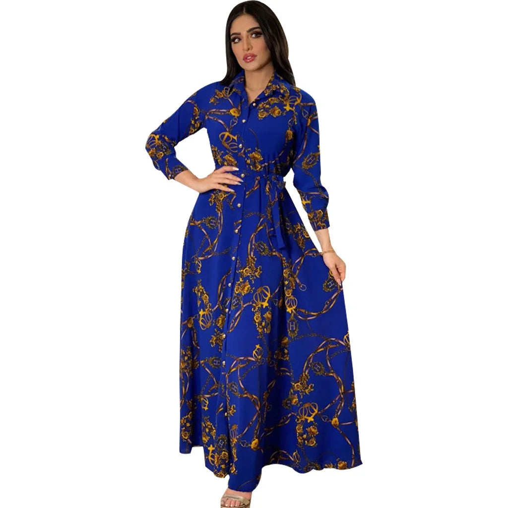 Digital Printed Single Breasted Long Dress Spring Autumn Women New Fashionable Women's Casual Long Sleeved Shirt Collar Dress