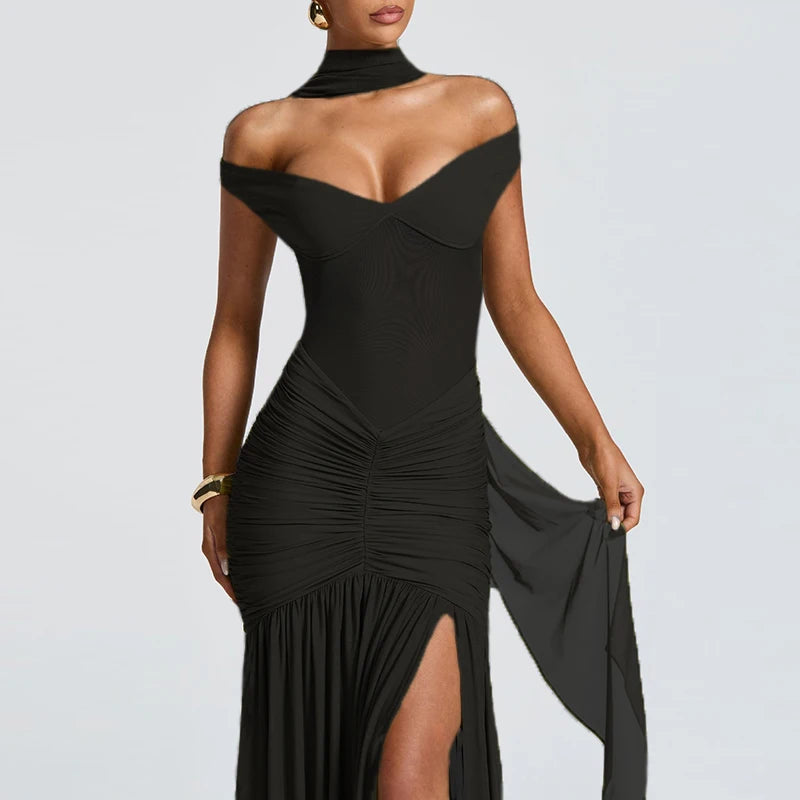 V-Neck Off Shoulder High Side Split Dress