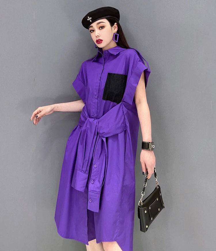 Extra Sleeves Decorated New 2025 Summer Korean Style Woman Purple Shirt Dress Loose Fit Chic Unique Big Size Casual Robe JKXD005