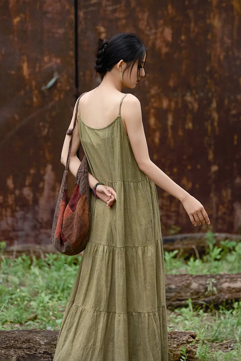 Cotton Linen Long Spaghetti Strap Dress