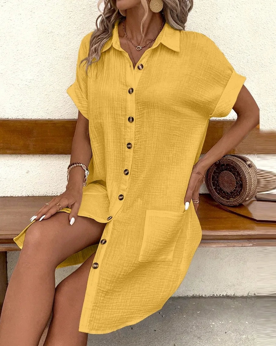 Summer Simple V-neck Button Up Dress Woman Cotton Linen White Short Sleeved Pocket Casual Solid Loose Shirt Mini Dress 2025