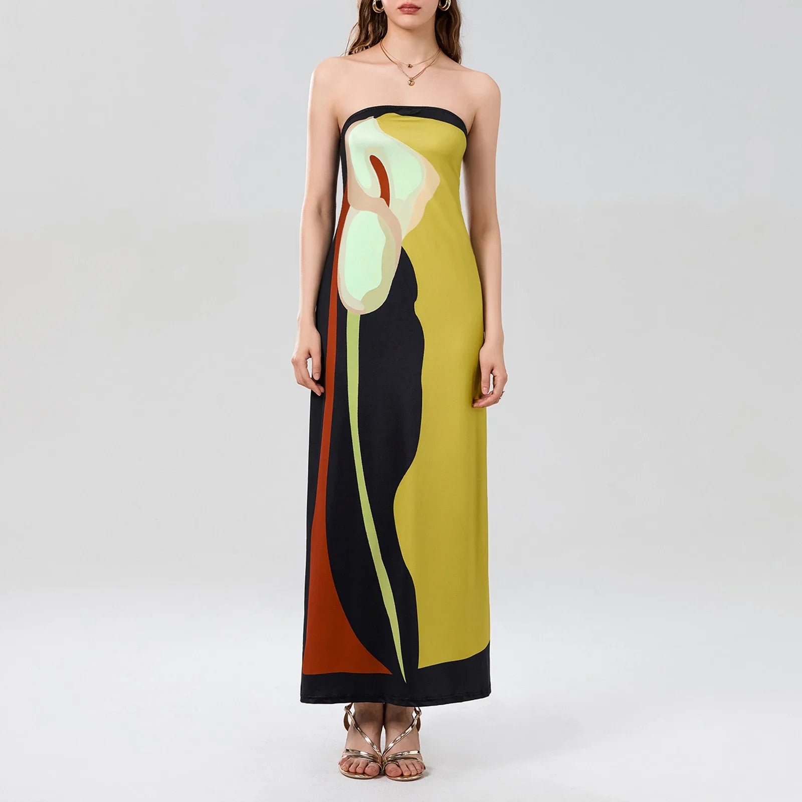 Tube Bodycon Dress Women Elegant Avocado Print Strapless Elegant Maxi Dress Sleeveless Holiday Robes Summer Chic Long Dress