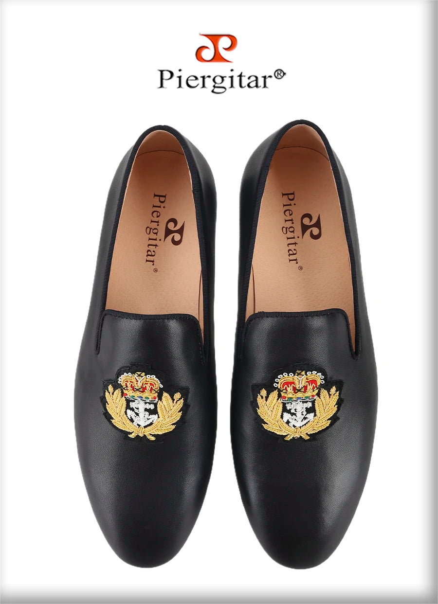 Piergitar Summer New Arrival Cow Leather Men Loafers With Luxurious Royal Style Gold Embroidery For Party Handmade Slip-On Shoes