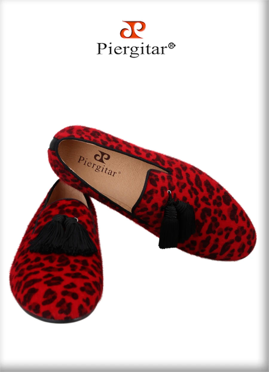 Piergitar Red And Black Animalier-Printed Superior Velvet Slippers With Handmade Silk Fringed Tassels Slip-On Men's Loafers