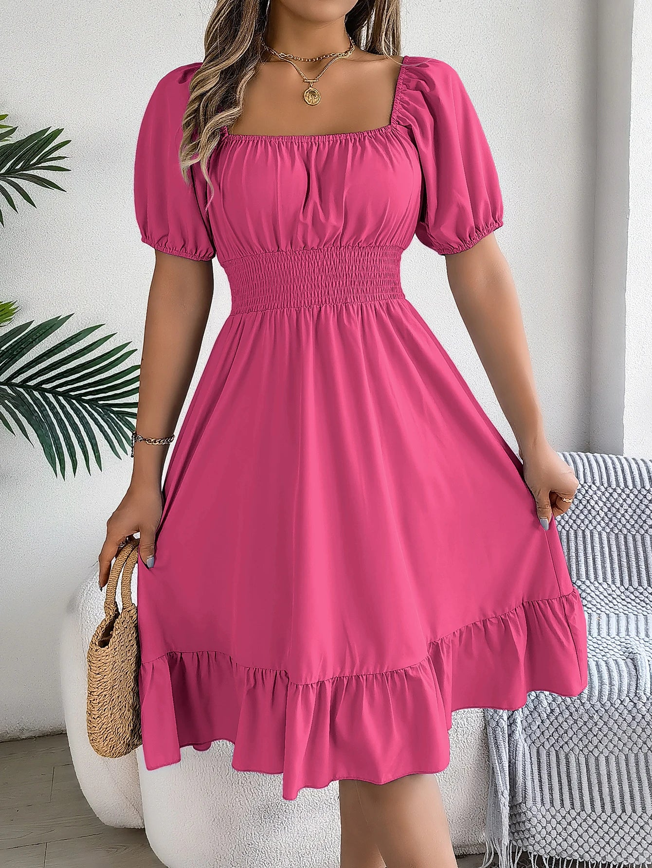 2024 New Fashion Solid Puff Sleeve Square Neck Ruched Bust Ruffle Hem Wasit Dress, Women's Clothing