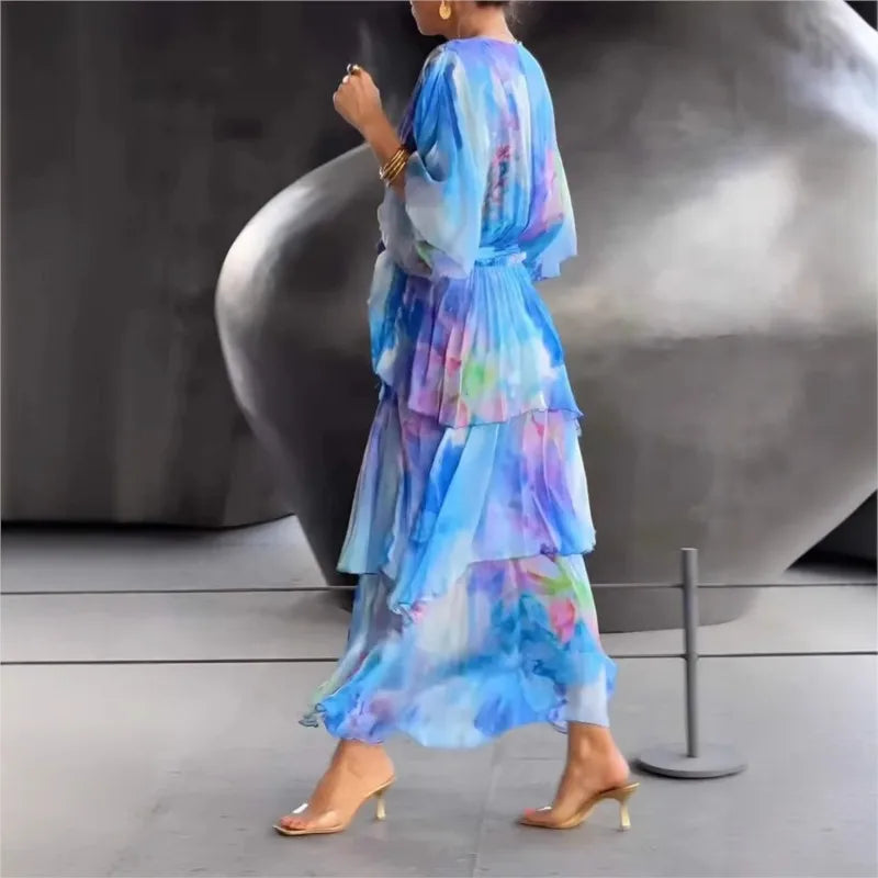 2025 Summer New Elegant Women's Chiffon Dress Fashionable Printed V-neck Short-sleeved Layered Ruffle Loose Lace-up Long Skirt