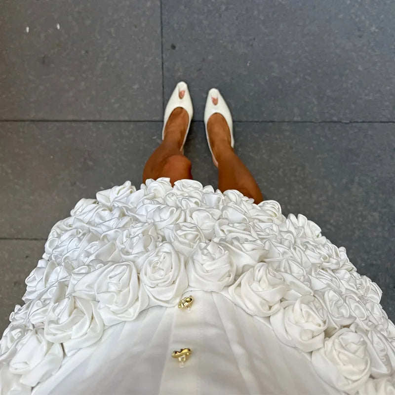 Short Sleeve White Dress with 3D Flower Women's Lapel Button Pleat Neck