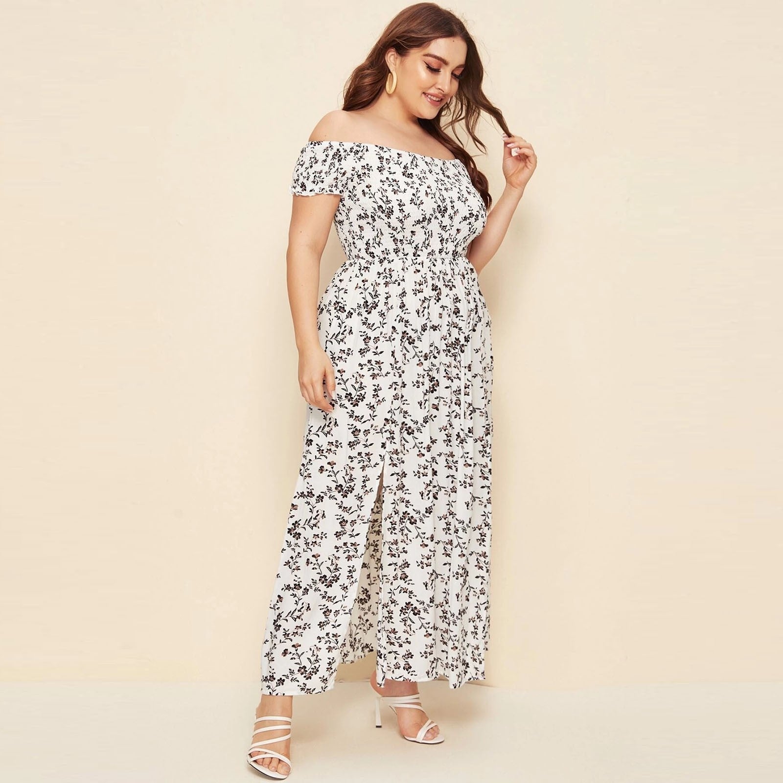 Plus Size Summer Dresses with Slash Necks, Shirred Bodice and Split Thigh Floral Dresses