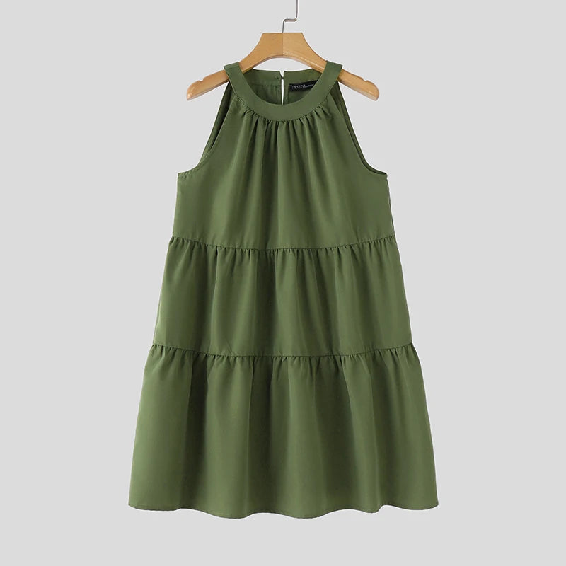ZANZEA Summer Halter Sleeveless Tiered Dress Women Korean Ruffle Patchwork Robe 2024 Beach O-neck Loose Sundress Sweety Vestidos