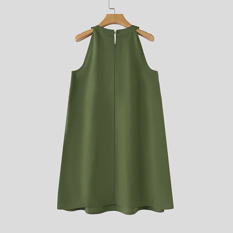 ZANZEA Summer Halter Sleeveless Tiered Dress Women Korean Ruffle Patchwork Robe 2024 Beach O-neck Loose Sundress Sweety Vestidos