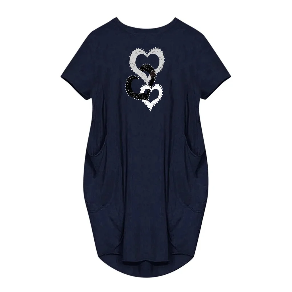 Women's heart-shaped printed pocket dress, casual round neck short sleeved dress for spring and summer women's wear