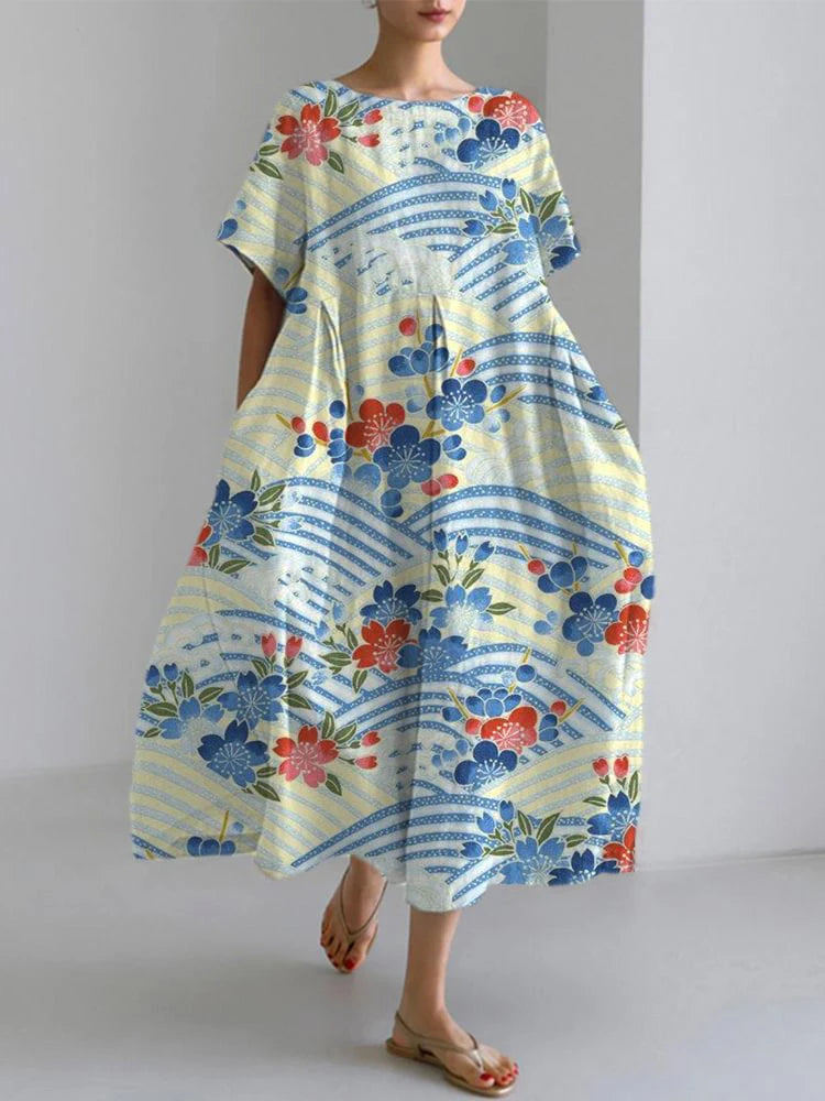 2024 Women's New Round Neck Long Casual Summer Dress Large Size Fresh Print