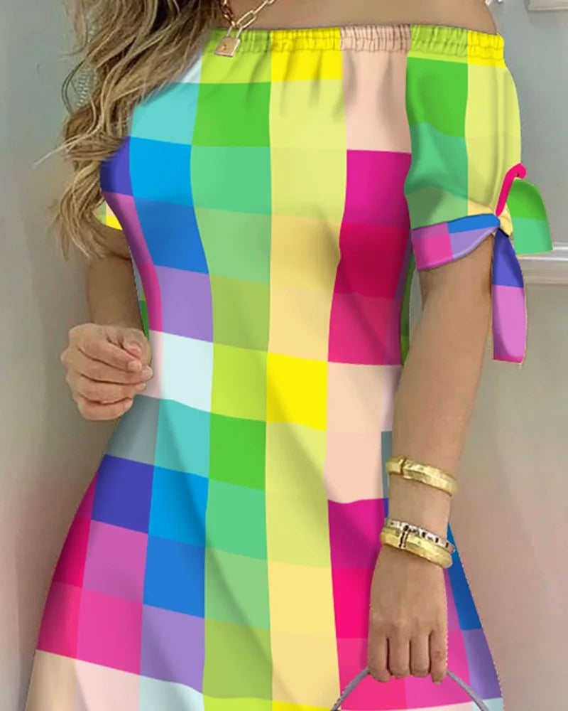 3XL Women's Casual Gradient Off Shoulder Short Sleeve Dress Bow Print Mini Dress