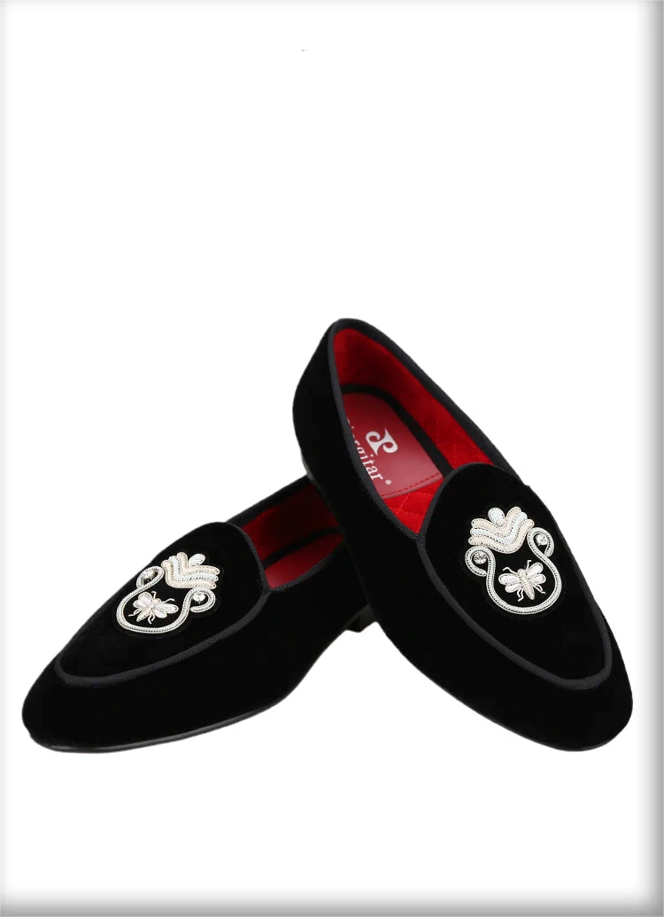 Black Velvet Men's Loafers with Embroidered Bee Rhinestone Patches and Red Outsole