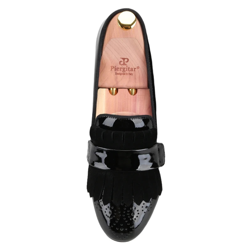 Piergitar New Style Handmade Patent Leather Shoes With Classical Brogue Printing And Suede Fringe Party/Wedding Men's Loafers