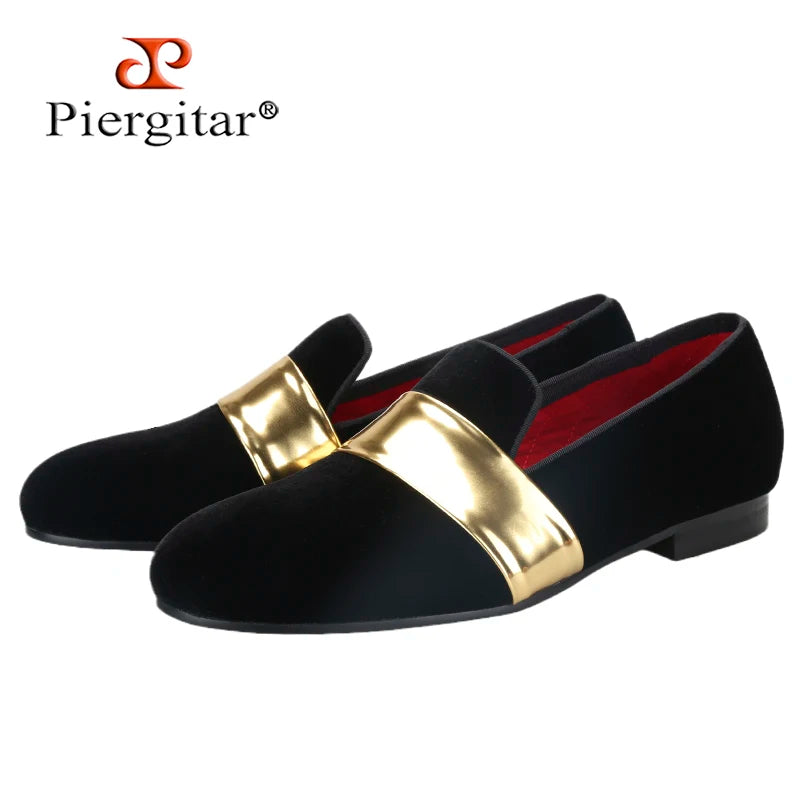 Piergitar New Style Handmade Men Velvet Loafers With Gold Patent Leather Crossbands Fashion Party And Wedding Male Dress Shoes