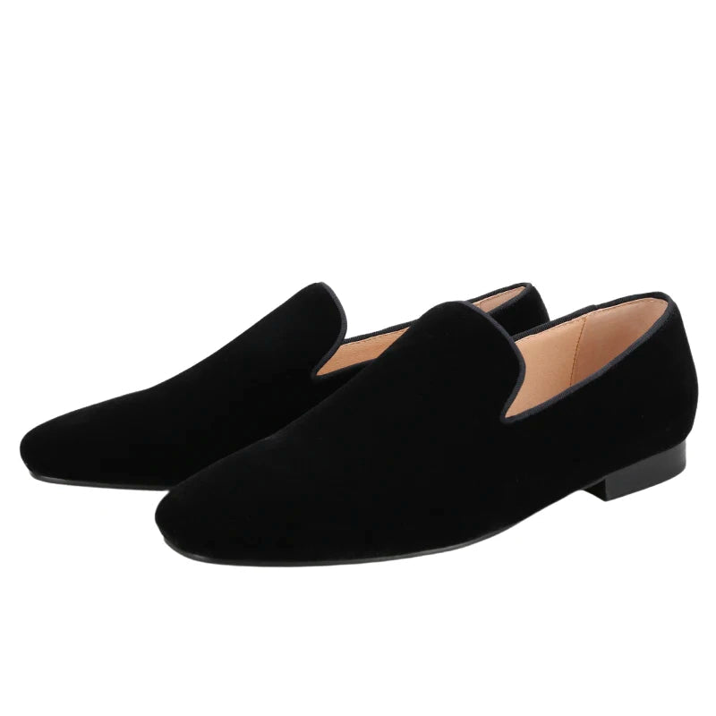 Black color men Velvet Flats for Wedding and Party CL Brand Same square toe Slip-On Loafers with Red Bottoms