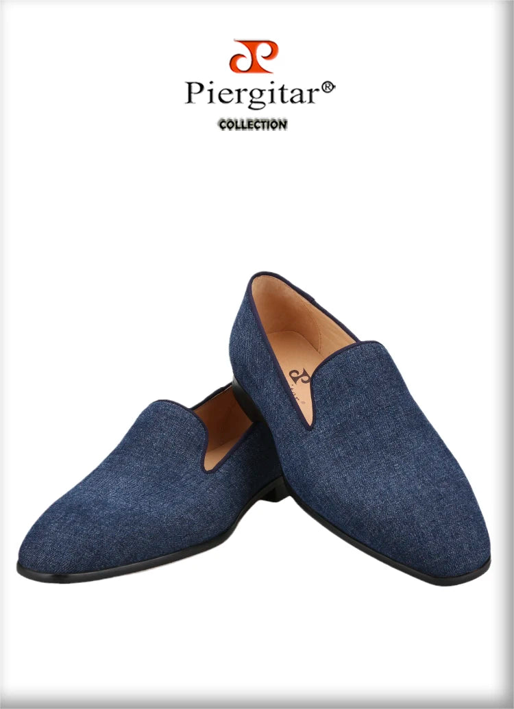 Piergitar 2022 New Summer Style Navy Denim Men's Loafers Red Outsole Man Smoking Slippers Breathable Leather Insole Plus Size