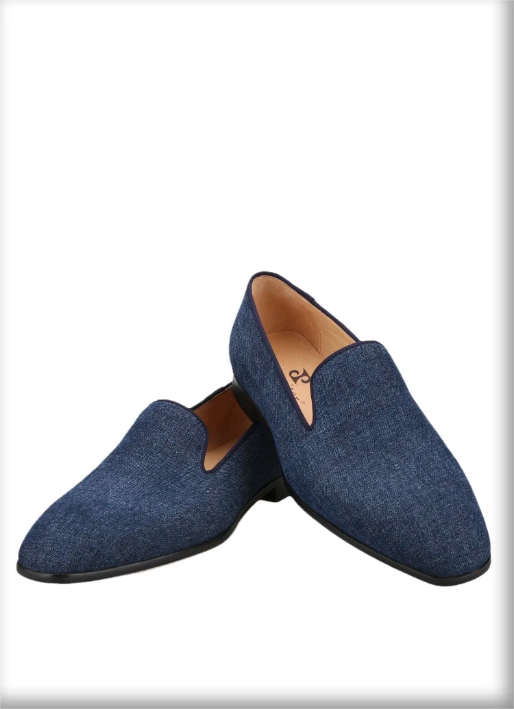 New Summer Style Navy Denim Mens Loafers with Red Outsole and Breathable Leather Insole plus Size