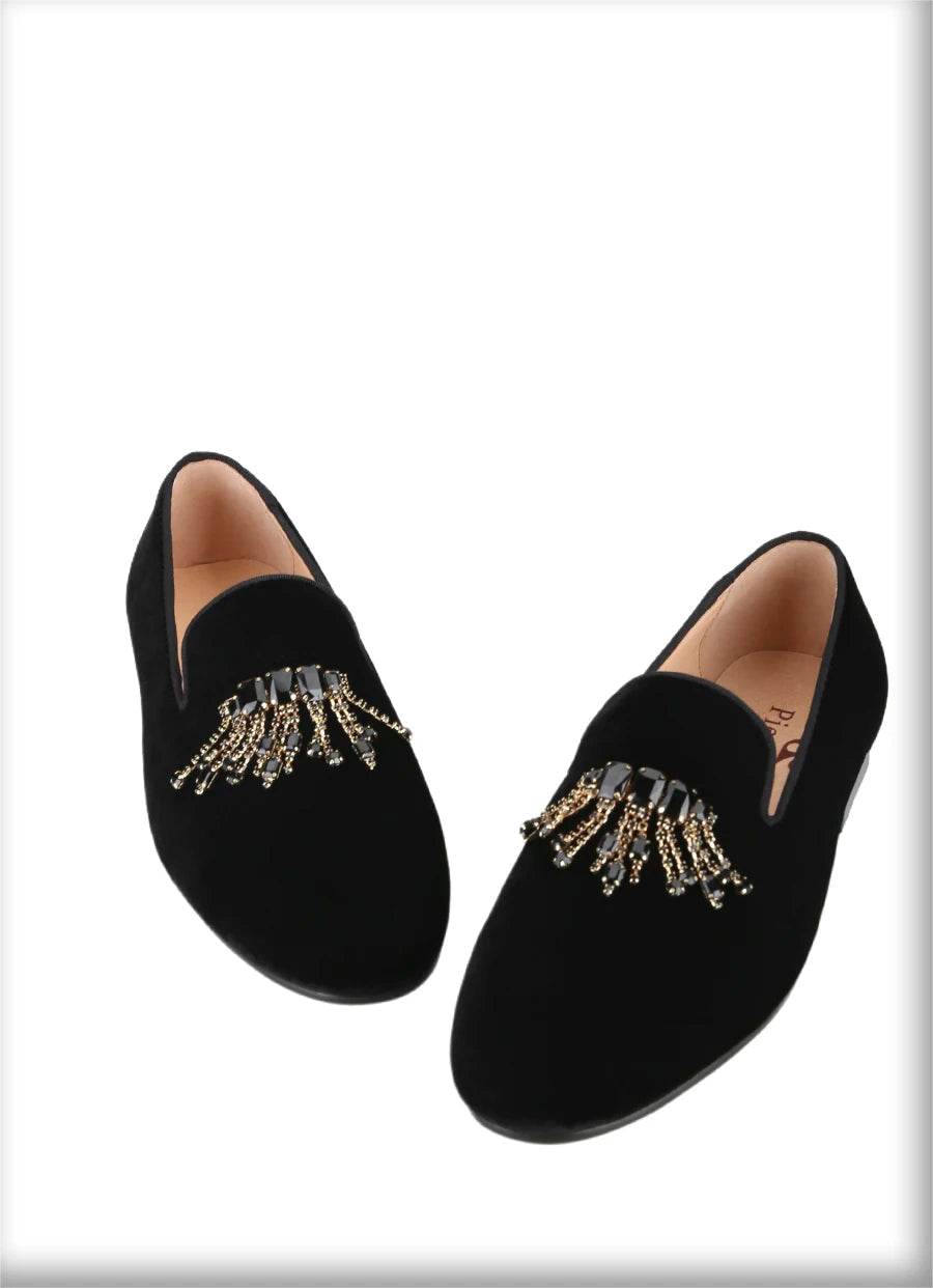Black Color Men's Velvet Shoes for Weddings and Parties with Handmade Rhinestones Buckle