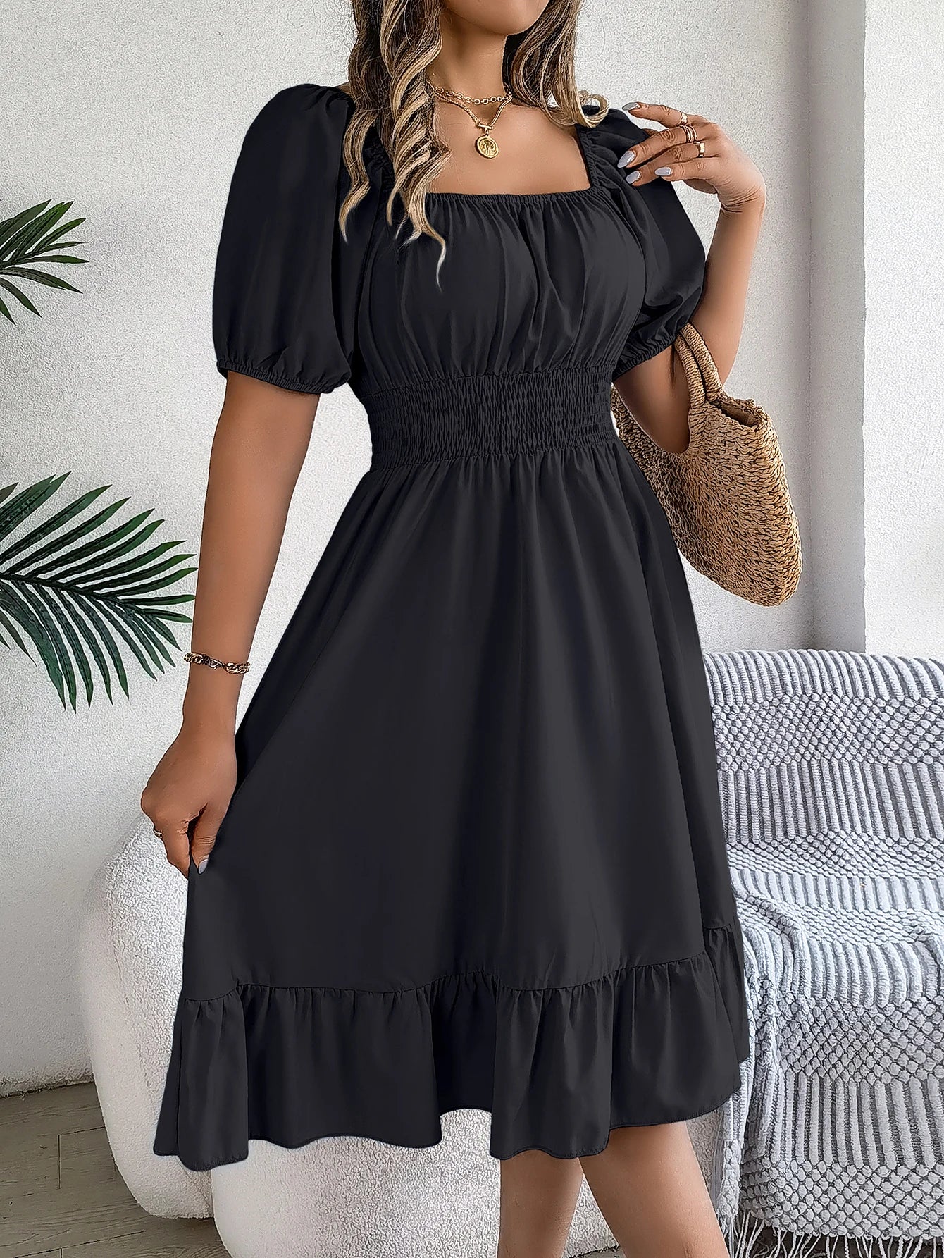 2024 New Fashion Solid Puff Sleeve Square Neck Ruched Bust Ruffle Hem Wasit Dress, Women's Clothing