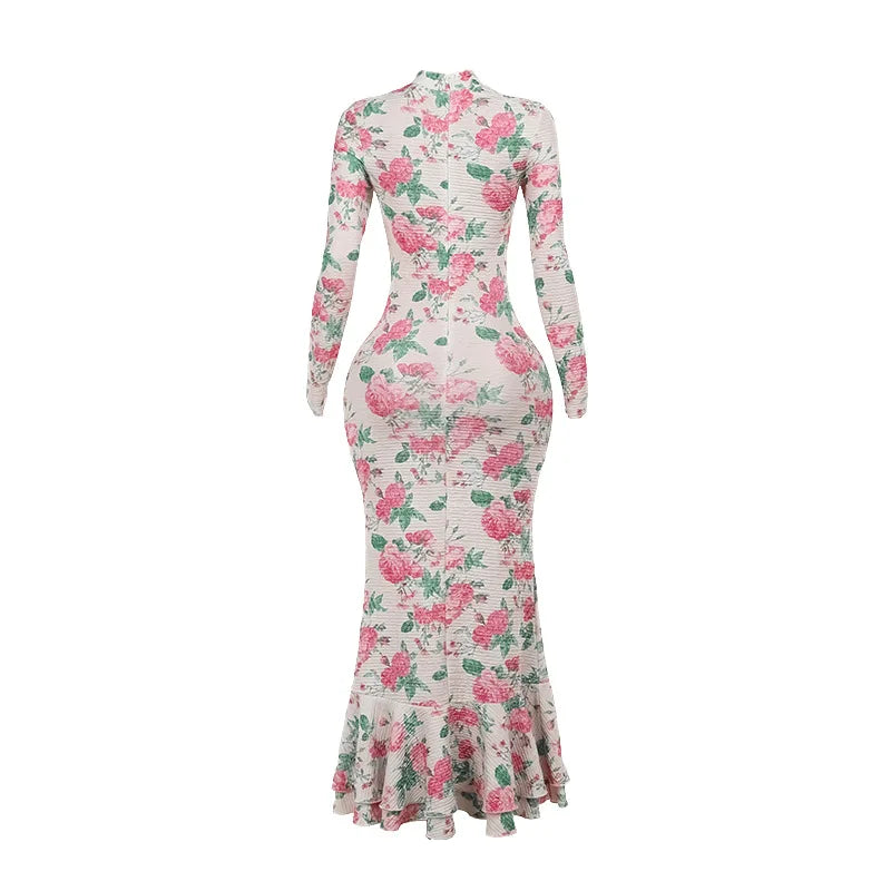 Temperament long sleeve slim long printed dress women's new autumn fashion elegant long dress