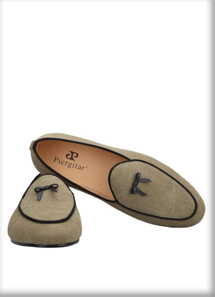 Three Colors Raw Canvas Belgian loafers with Calfskin Bows, Handmade Slip On Classic Mens Smoking Slippers