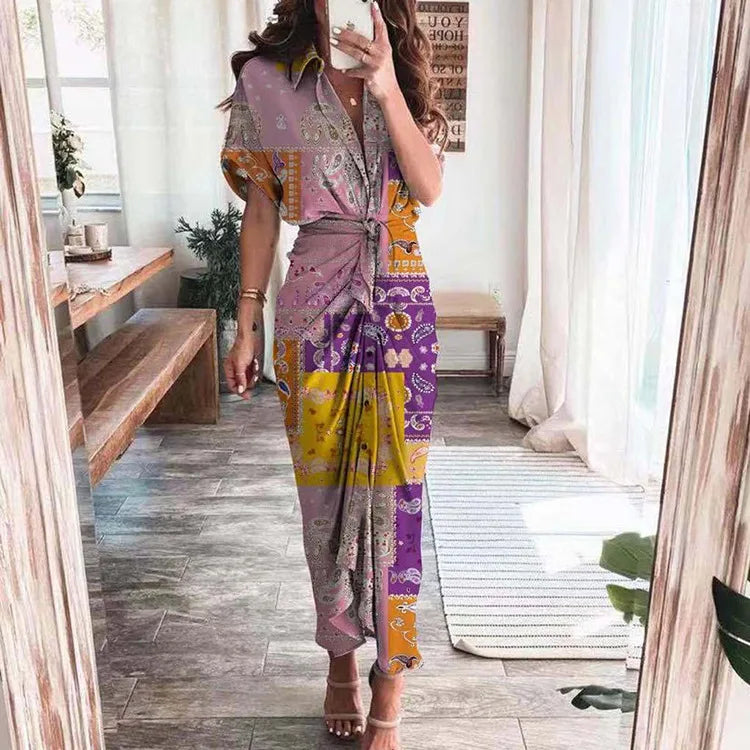 Women's Boho Print Turn-down Collar Dress