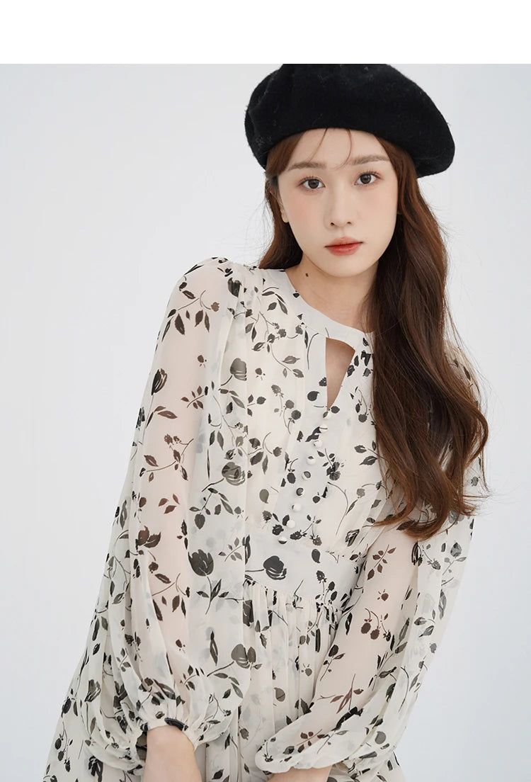 Floral Midi Dress Women Sweet A-Line Long Sleeve Hollow Out Dress Elegant High Waist Casual Long Dress Daily or Vacation Outfits