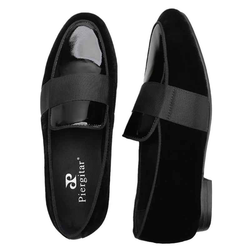 Black Velvet Patent Leather Loafers with Horizontal Band Handmade Flats for Party Formal Suits