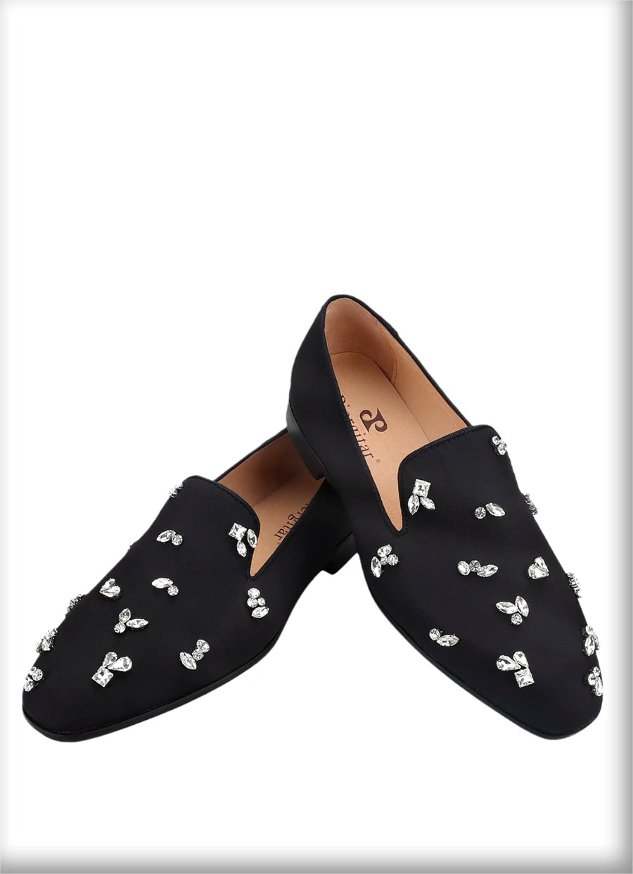 The same design red outsole moccasins with a smooth black crepe satin men's loafer.