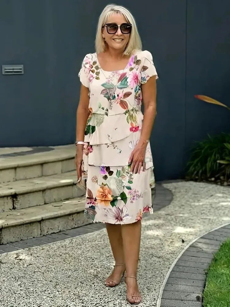 2025 Spring Chic Floral Print Chiffon Dress Woman Elegant Crew Neck Tierred Pleated Dress Summer Short Sleeve A-Line Party Dress